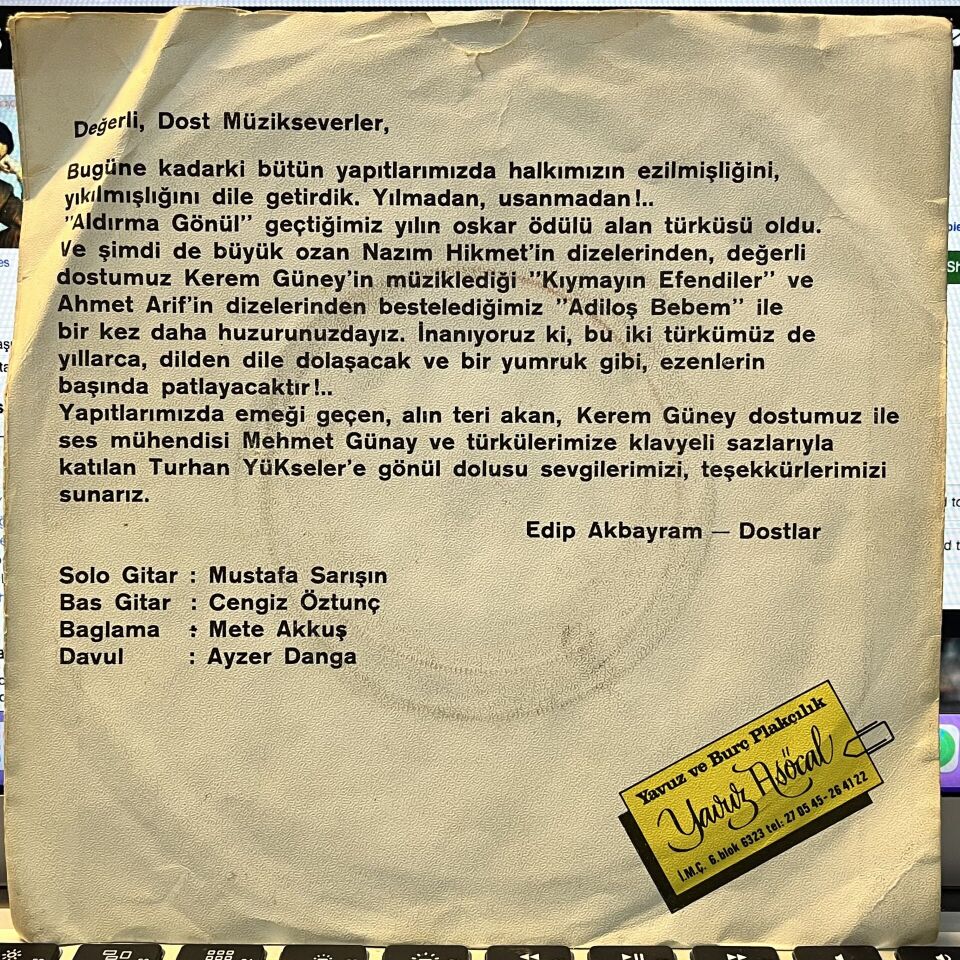 Edip Akbayram, Dostlar – Kıymayın Efendiler / Adiloş Bebe